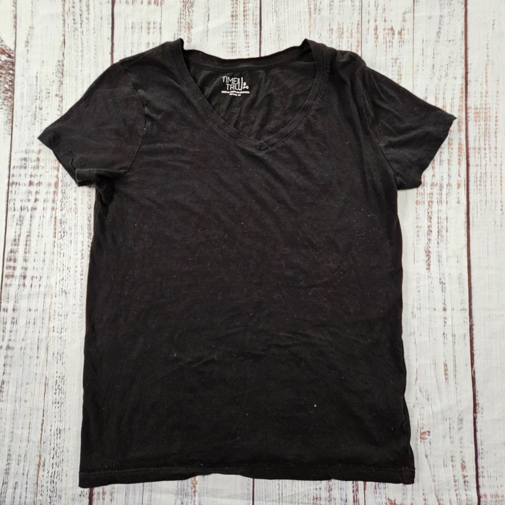 Time &‎ Tru Black Short Sleeve Cotton V-Neck T-Shirt Women's S